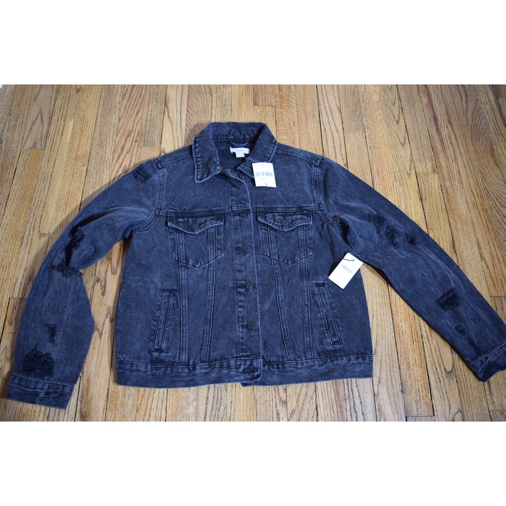 NWT Forever 21 Denim Distressed Black Jean Jacket Dark Wash Women's Size‎ Small